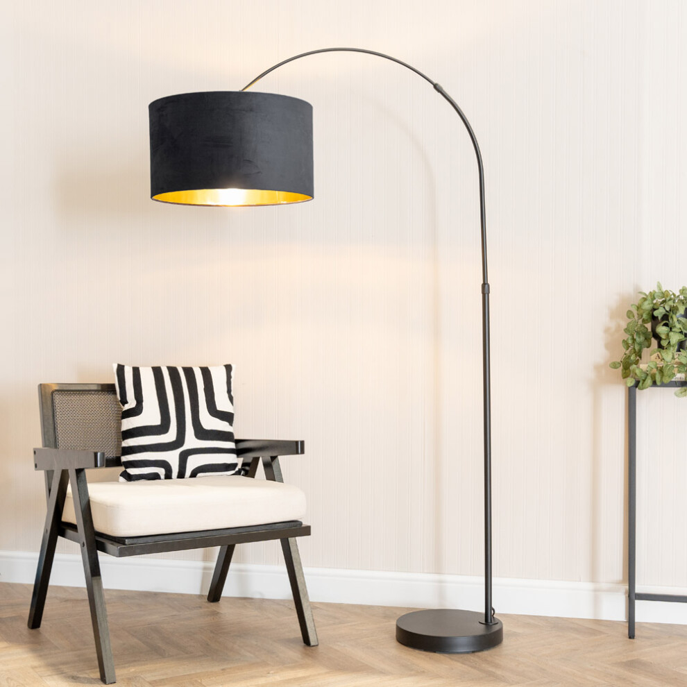 ValueLights Louis Black Velvet & Gold Shade Black Arched Floor Lamp