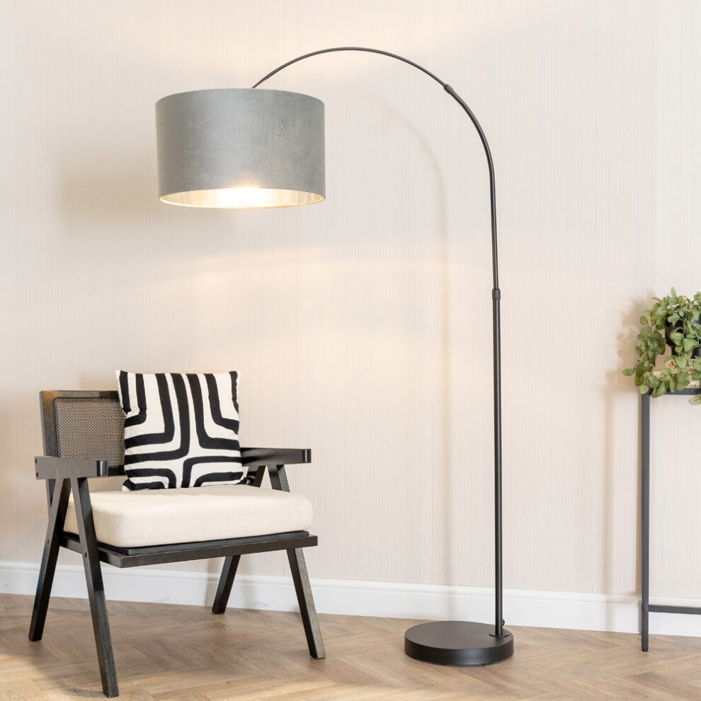 ValueLights Louis Grey Velvet & Chrome Shade Black Arched Floor Lamp