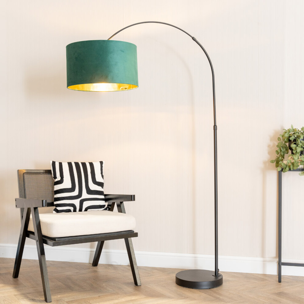 ValueLights Louis Green Velvet & Gold Shade Black Arched Floor Lamp & Bulb