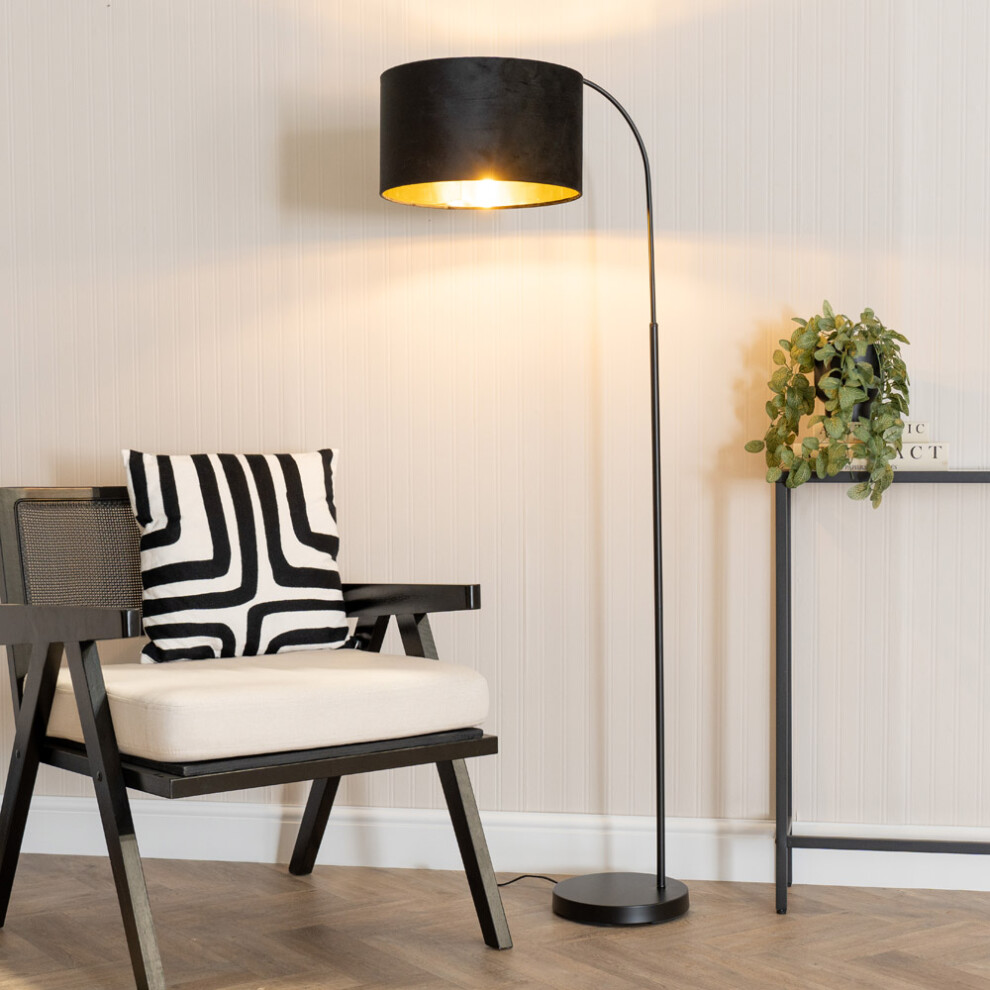 ValueLights Curva Black Floor Lamp with Black Velvet & Gold Lamp Shade