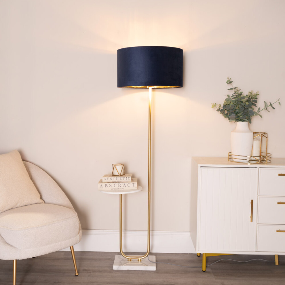 ValueLights Tavel Navy Velvet & Gold Shade Gold Floor Lamp and Table