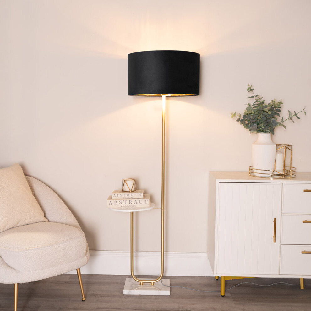 ValueLights Tavel Black Velvet & Gold Shade Gold Floor Lamp & Table & Bulb