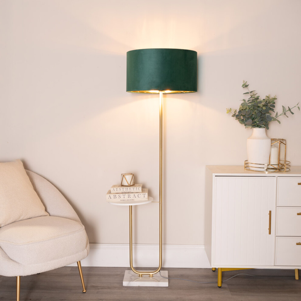 ValueLights Tavel Green Velvet & Gold Shade Gold Floor Lamp & Table & Bulb