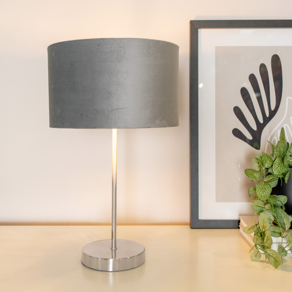 ValueLights Charlie Chrome Table Lamp with Grey Velvet & Chrome Shade