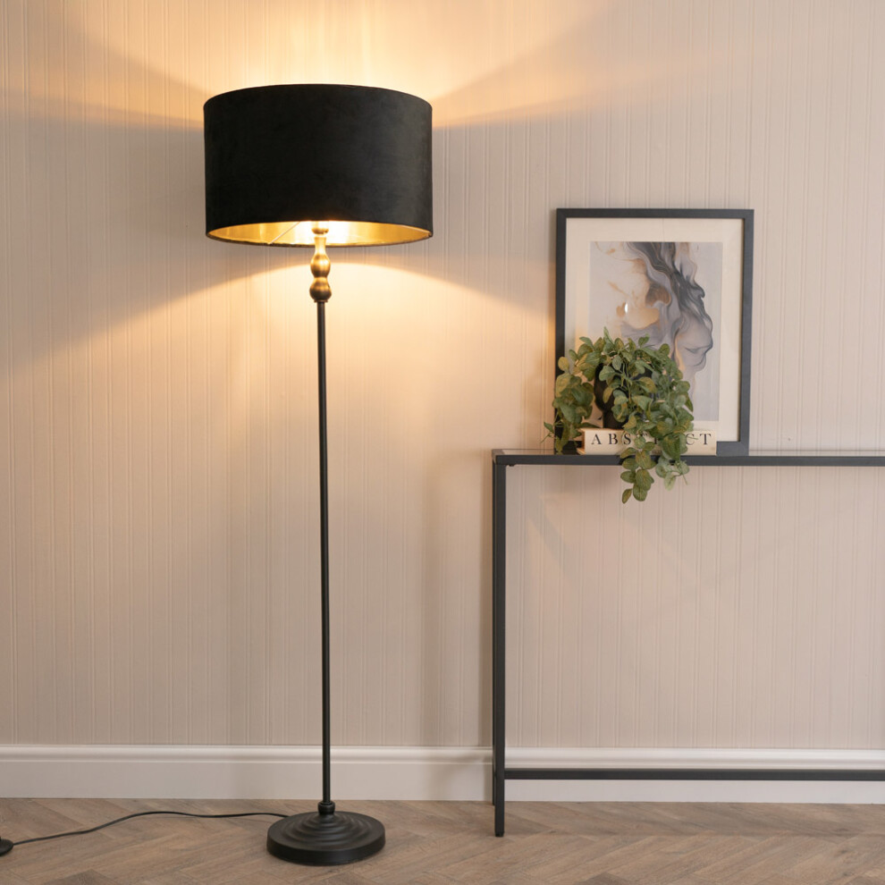 ValueLights Maggie Black Velvet & Gold Shade Black Floor Lamp & Bulb