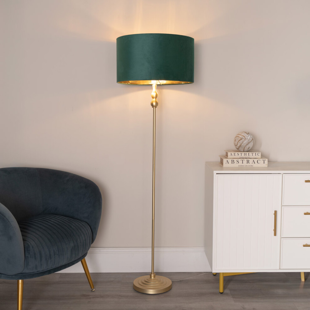 ValueLights Maggie Gold Floor Lamp with Green Velvet & Gold Shade & Bulb