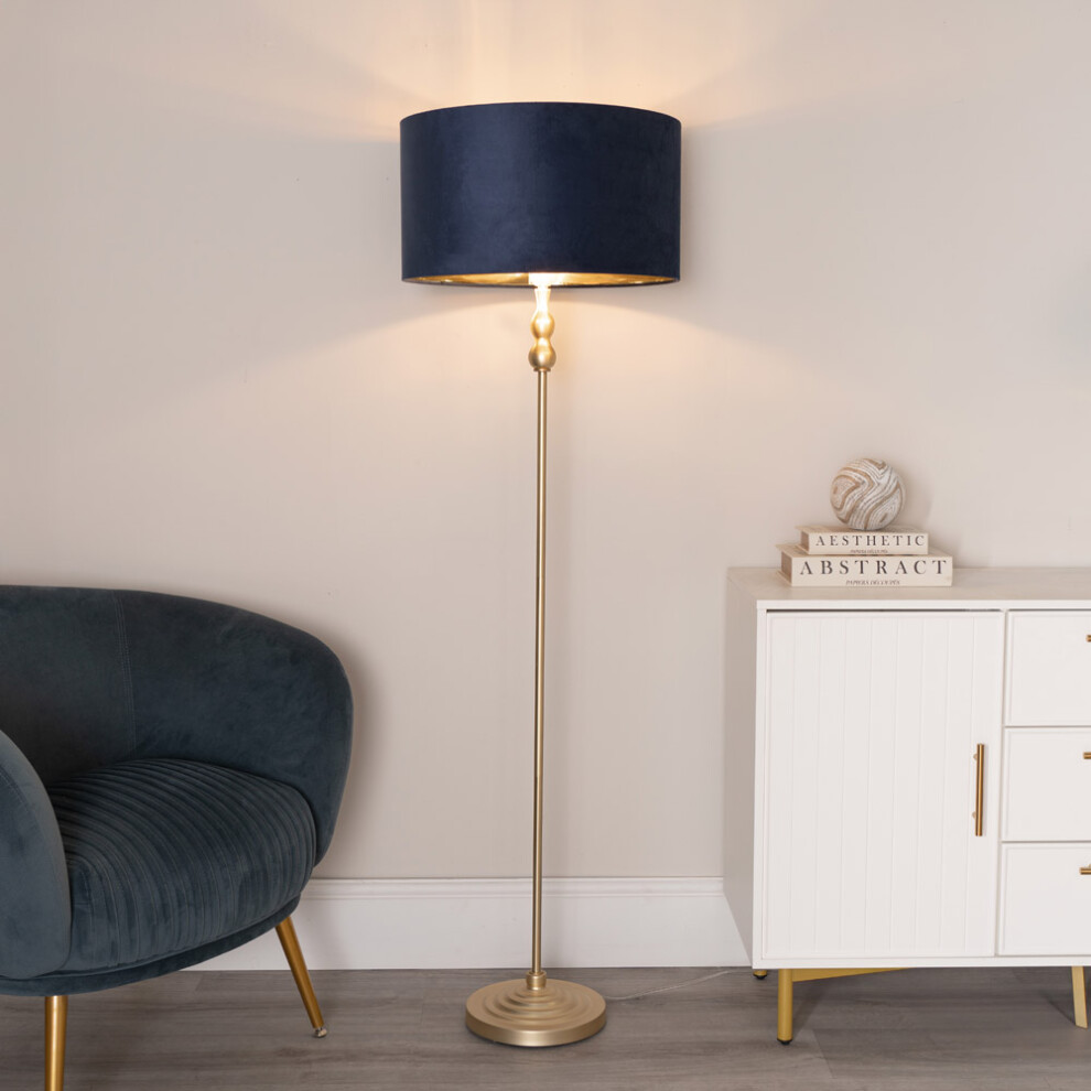 ValueLights Maggie Gold Floor Lamp with Navy Velvet & Gold Shade & Bulb