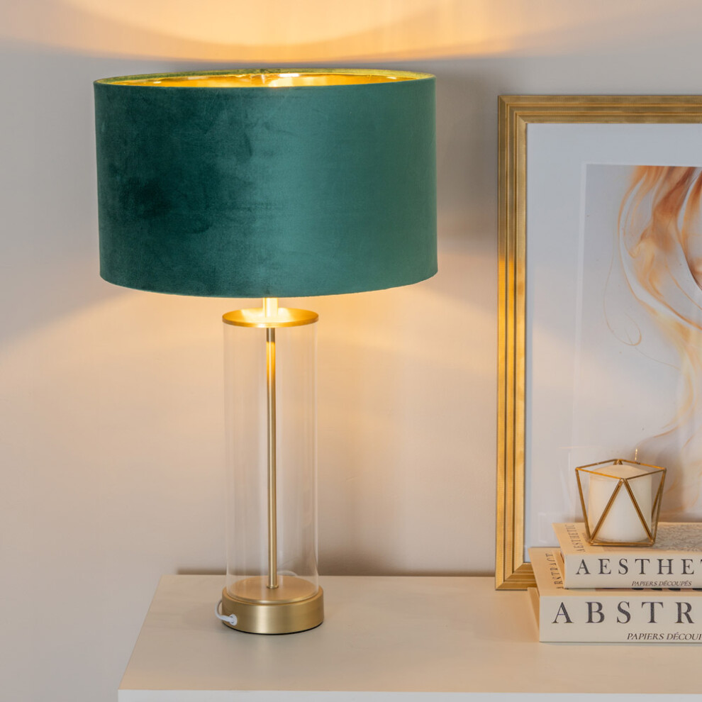 ValueLights Balan Glass & Gold Table Lamp & Forest Velvet & Gold Shade