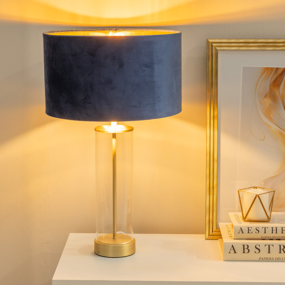 ValueLights Balan Navy Velvet & Gold Shade Glass Gold Table Lamp & Bulb