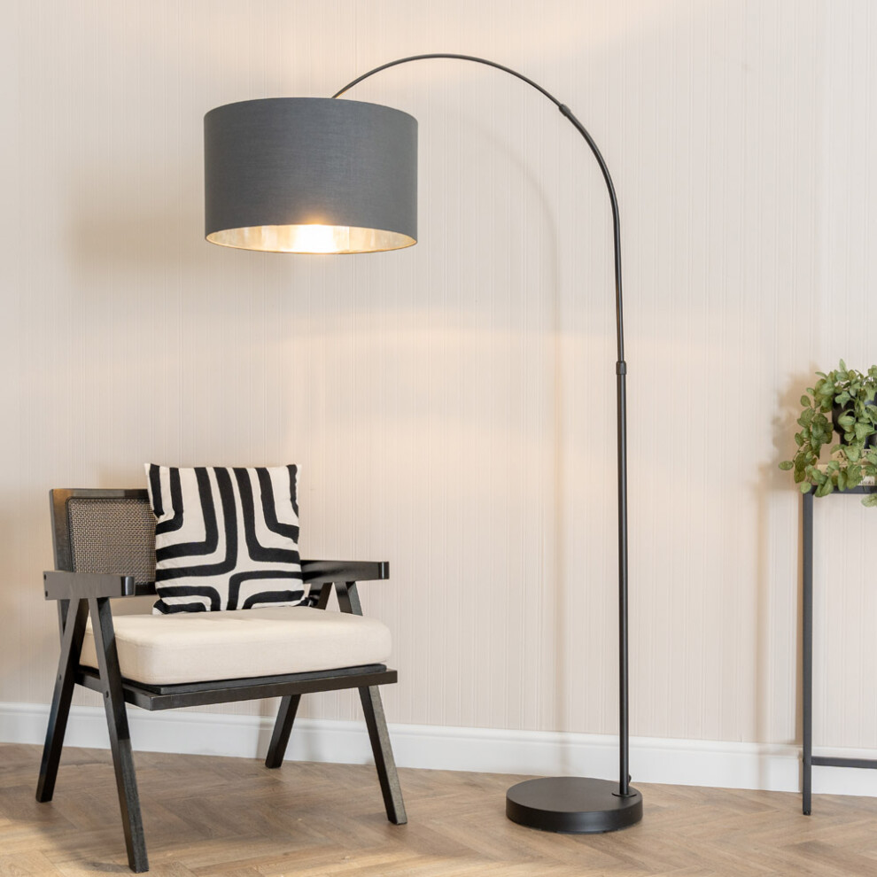 ValueLights Louis Charcoal & Chrome Shade Black Arched Floor Lamp & Bulb