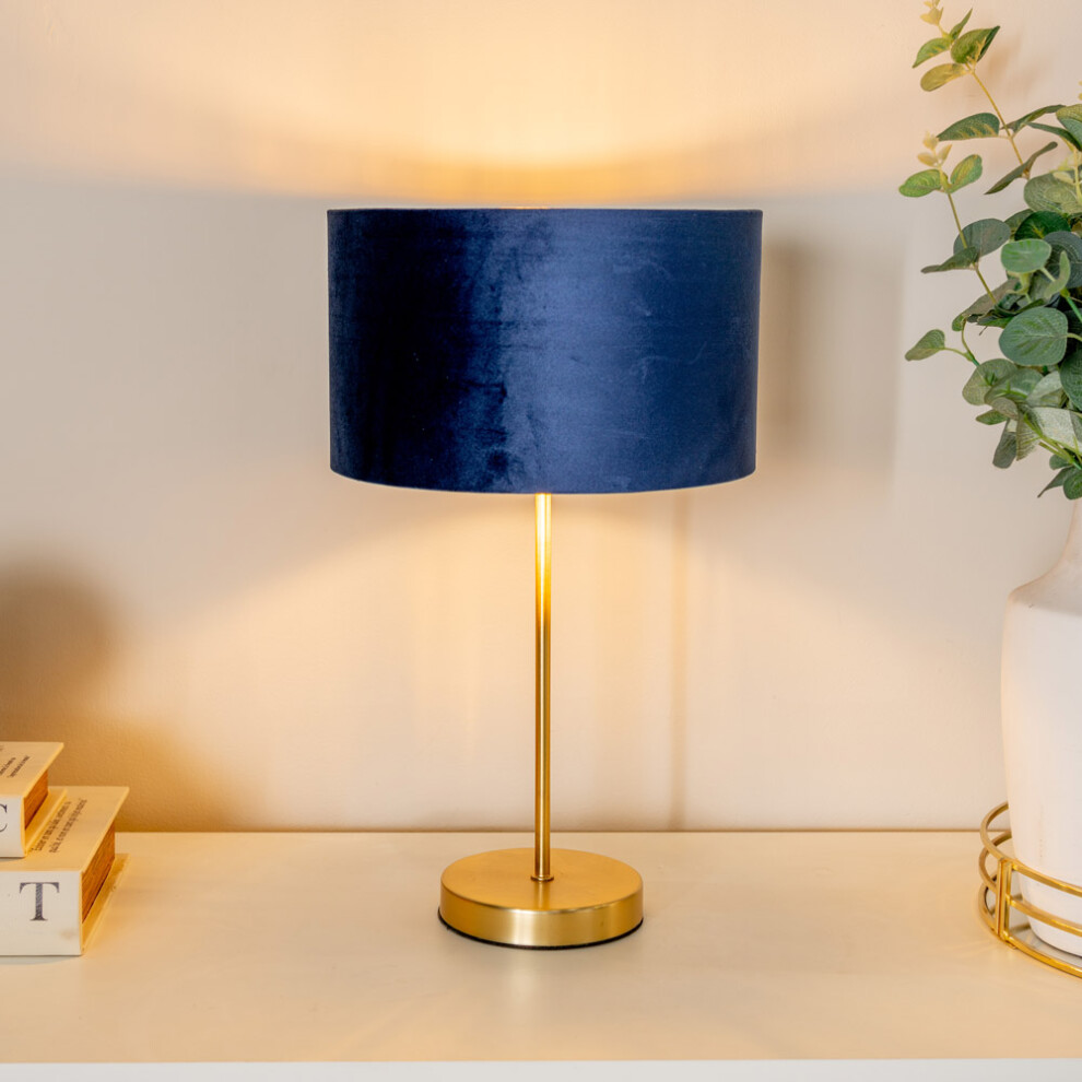 ValueLights Charlie Gold Table Lamp & Navy Velvet & Gold Shade & Bulb