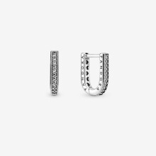 (U shaped Hoop Earrings 299488C01) (Sparkling Pandora Logo Stud Earrings Sterling silver 290559CZ) Genuine Pandora Sterling Silver S925 ALE Pavé Hoop Earrings With Pouch