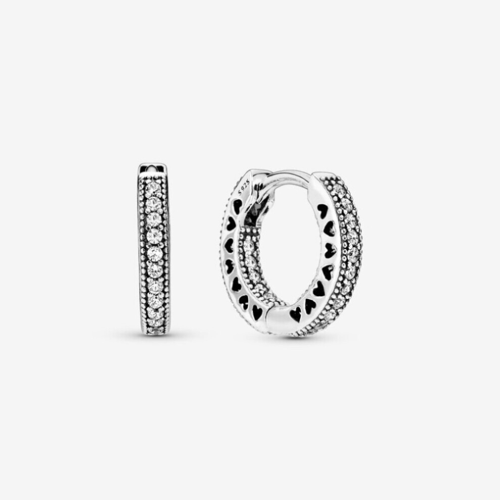 (Pavé  Heart  Sterling silver Hoop Earrings 296317CZ) (Sparkling Pandora Logo Stud Earrings Sterling silver 290559CZ) Genuine Pandora Sterling Silver S925 ALE Pavé Hoop Earrings With Pouch