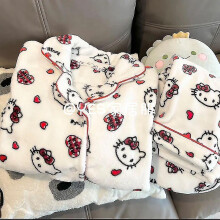 (Black, M weight 40-50KG) Anime Sanrio Hello Kitty Pajama Pants Cute Loungewear Women's Sleepwear Thickening Plush Pajamas Set Kawaii Thermal Nightwear