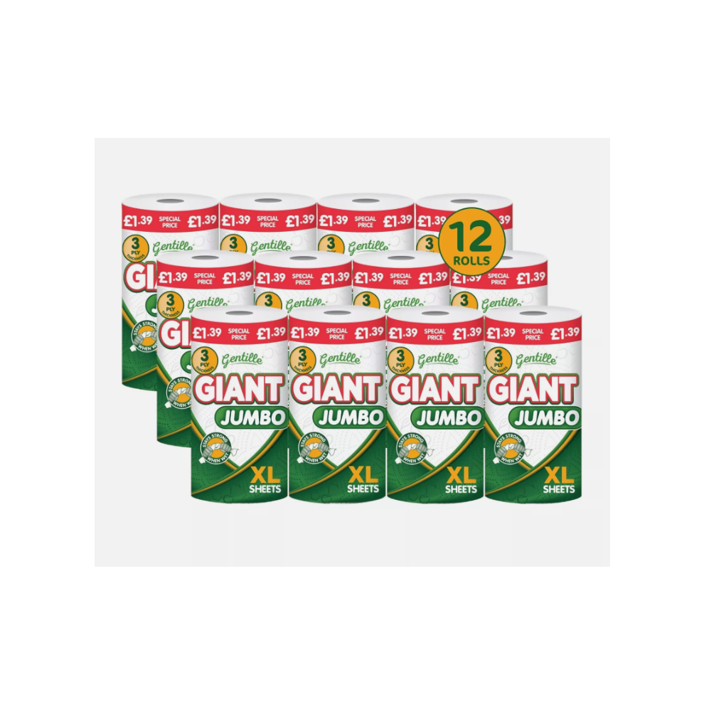 (12 Rolls) Gentille Giant Kitchen Roll Jumbo 3PLY Durable XL