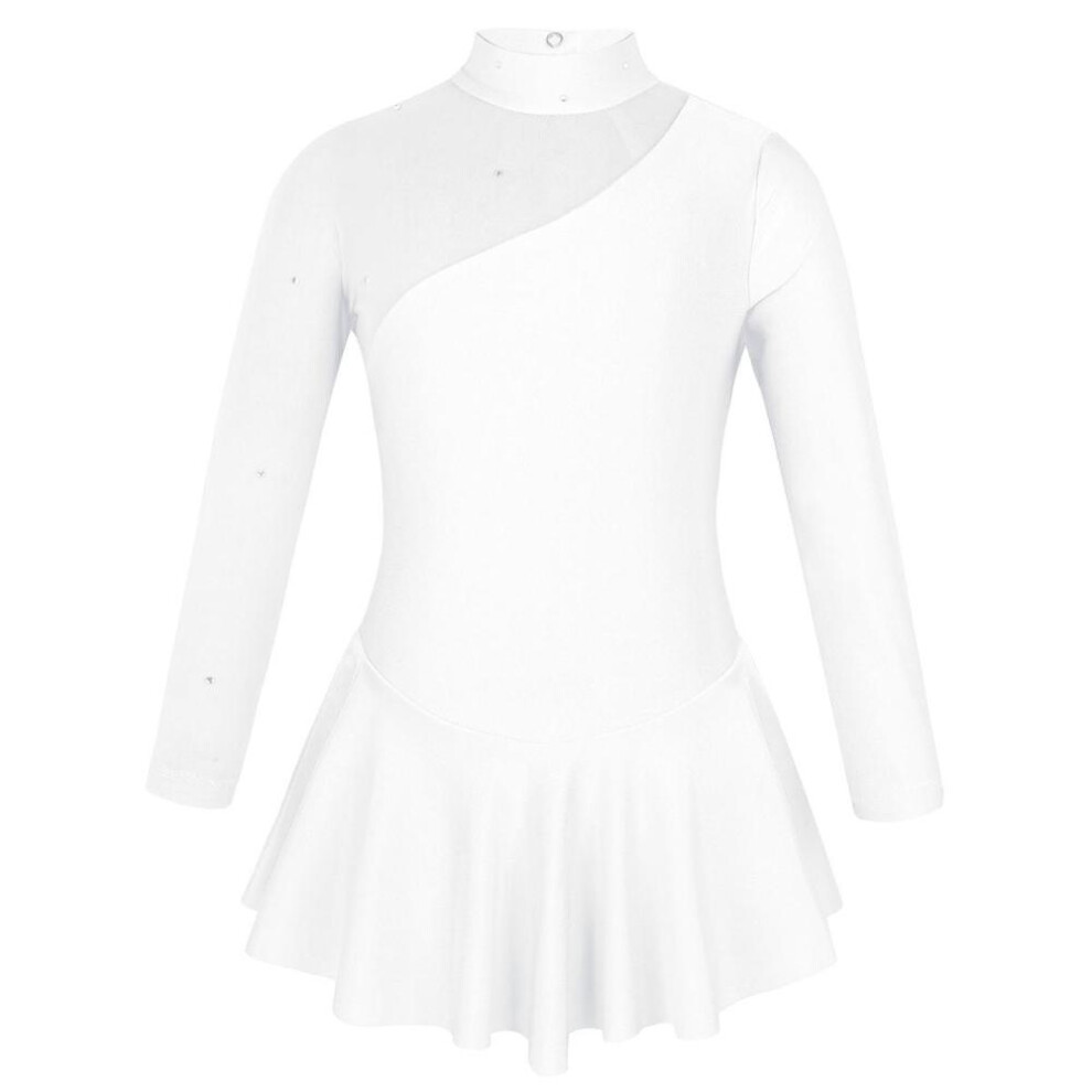 (white, 13-14 Years) Kids Girls Long Sleeve Splice Cutouts Back Figure Ice Skating Roller Skating Ballet Dance Dress
