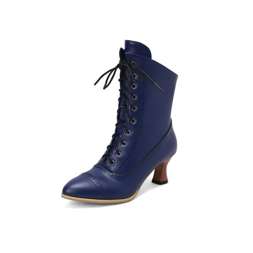 (blue, 36) Annymoli Women Ankle Short Boots Pointed Toe Block High Heels Lace-up Zipper Combat Boots Ladies Fashion Shoes Winter White 46