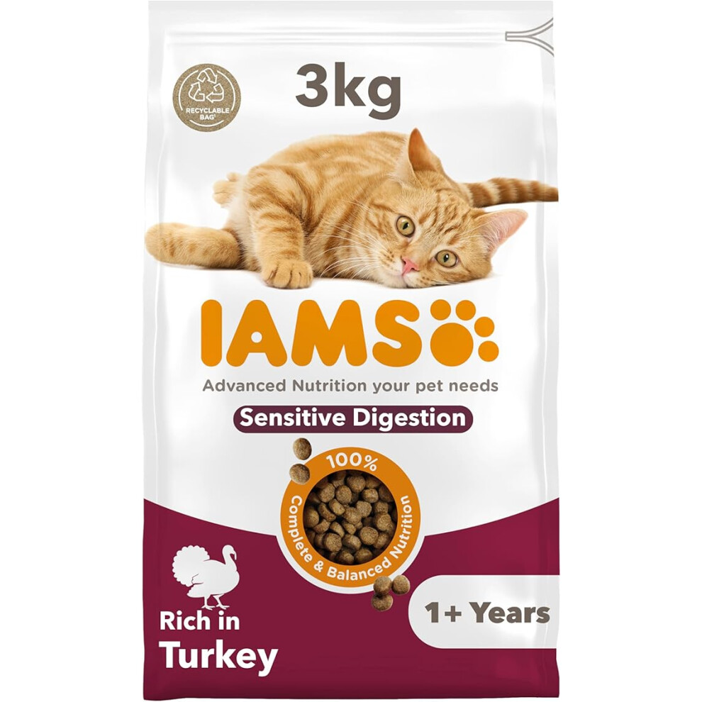 IAMS Sensitive Digestion Dry Cat Food Turkey 3kg - Advanced Nutrition Cat Food - Ages 1+ Years