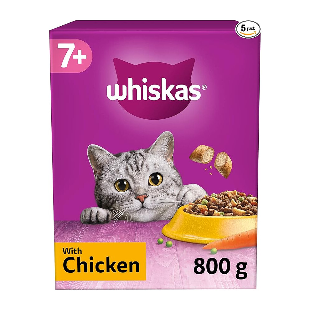 Whiskas 7+ Chicken Pack of 5 x 800 g Bags, Senior Cat Dry Food