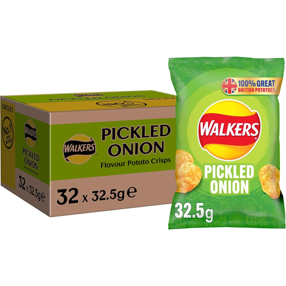 Walkers Crisps Pickled Onion Crisps Box, 32.5 g (Case of 32)