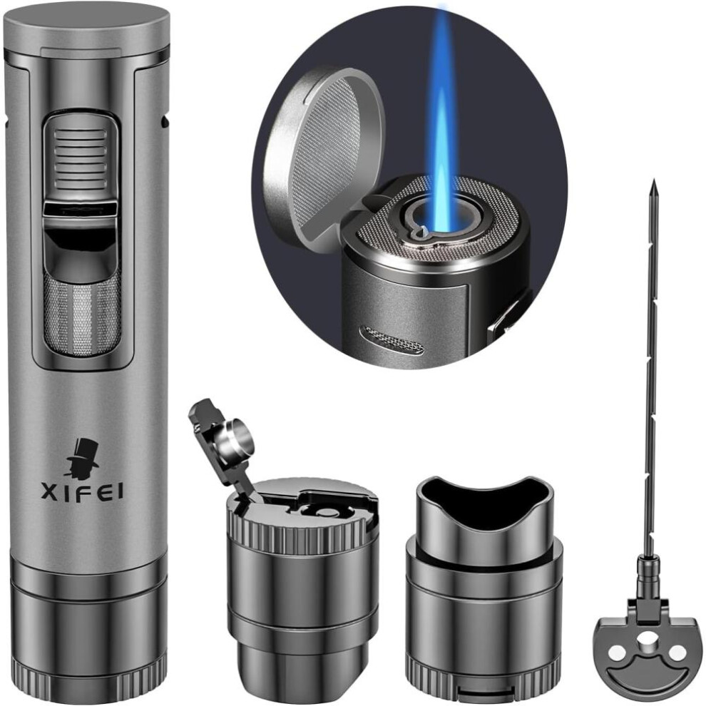 Yeuligo Cigar Lighter, Cigar Puncher, Cigar Draw Enhancer, Cigar Stand, All-In-One Lighter (Gun Ash)