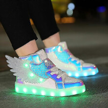 (28(Insole 17.5cm), 1199 Black) Waterproof Leather Kids Luminous Shoes Sneakers Led Light Shoes With Wing Usb Charging Casual Sports Shoes Girls Skateboard Shoe