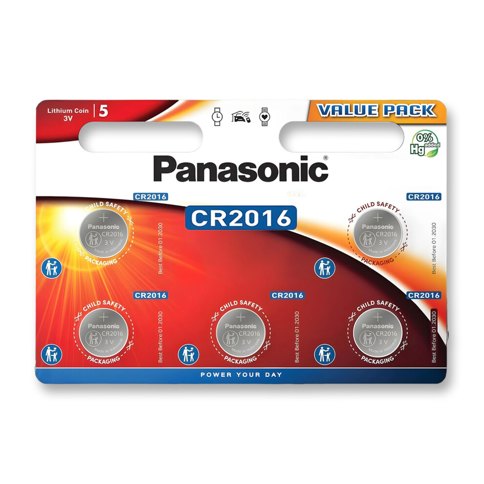 Pack Of 5 Panasonic Lithium CR2016 batteries 3V Coin Cell