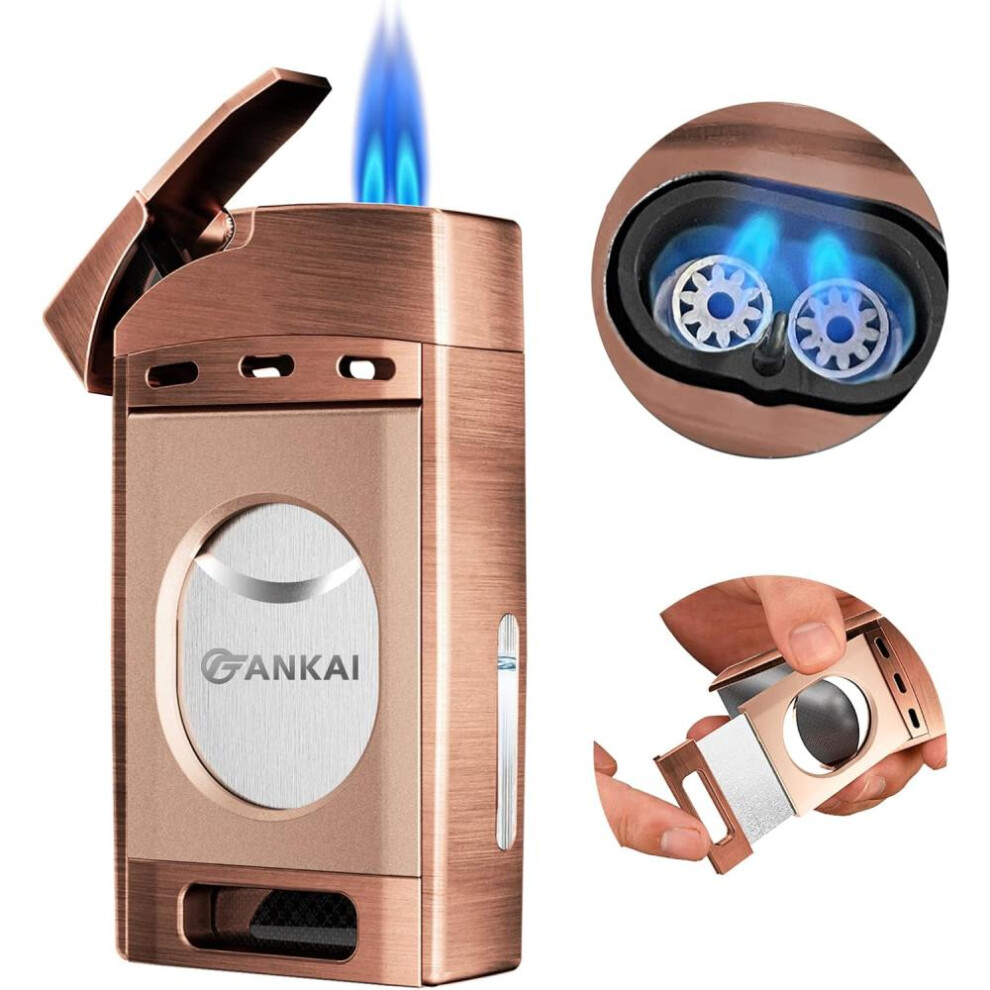 Yeuligo Cigar Lighter With Cutter,Fankai Torch Lighter Double Jet Flame Refillable Butane Lighter 2 In 1 Windproof Lighters