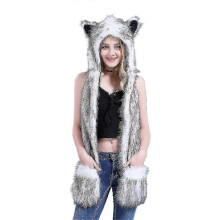 Ladies Luxury Winter One-piece Hooded Faux Fur Scarf Hat Cap Mittens Gifts-a