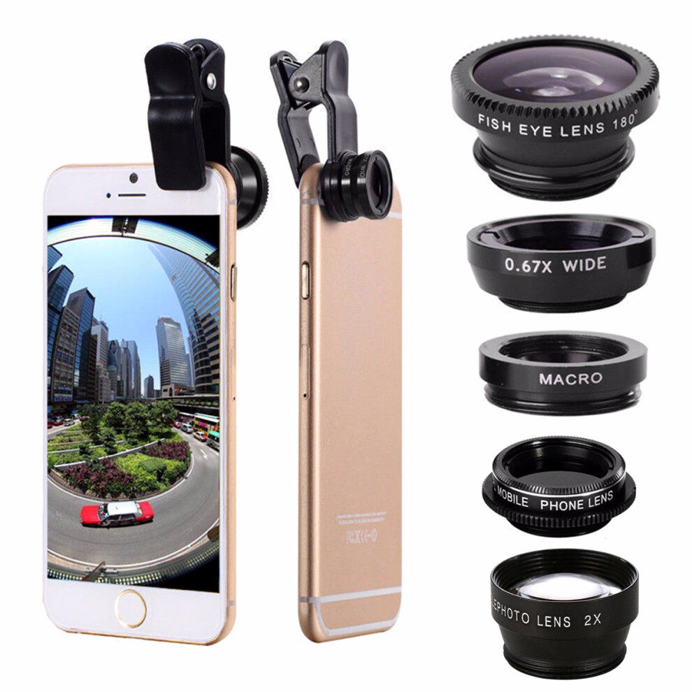 Universal 5 In1 Clip Camera Kit Telephone Lens Cpl Fisheye 0.67X Wide Angle 2.0X Telephoto Macro 6912303399016