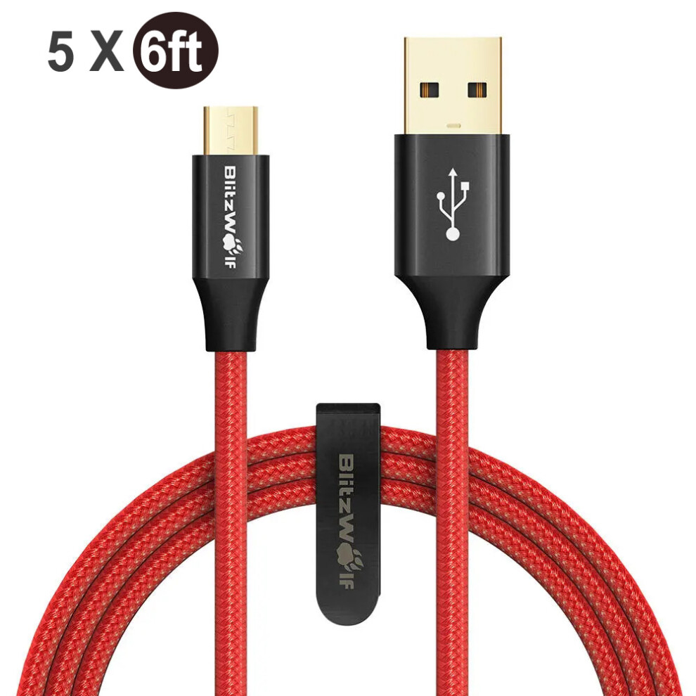 [5 Pack] Blitzwolf Bw Mc8 2.4A Data Cable Braided Durable Micro Usb Fast Charging 6Ft 1.8M For Asus Zenfone Max Pro Gold 6900750835782