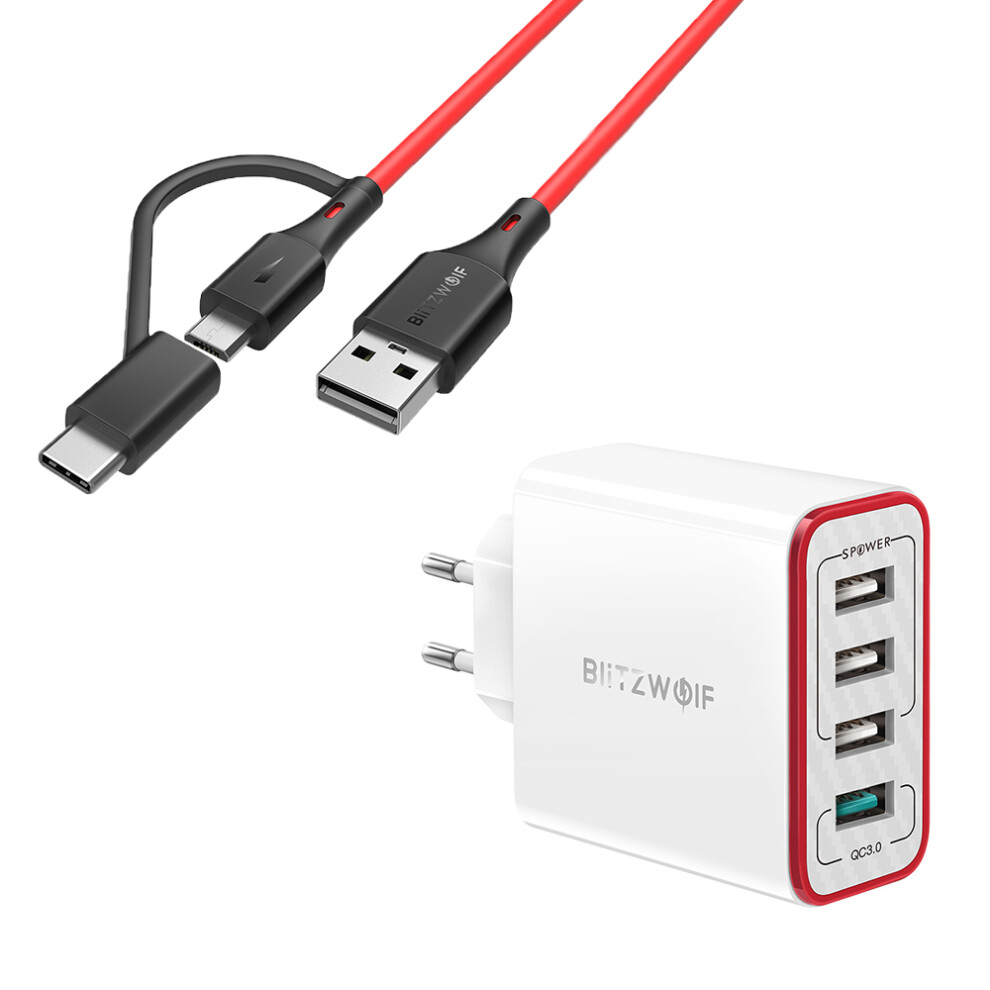 Blitzwolf Bw Mt3 3A 2 In 1 Type C Micro Usb Data Cable & Bw Pl5 30W Qc3.0 Fast Charging 2.4A 4 Ports Usb Charger 300742299091