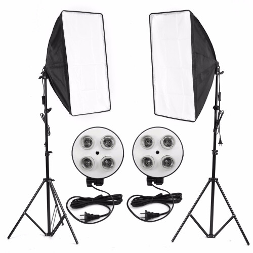 Photo Video Studio Lighting Kit 4 Socket E27 Lamp Holder Softbox Light Stands