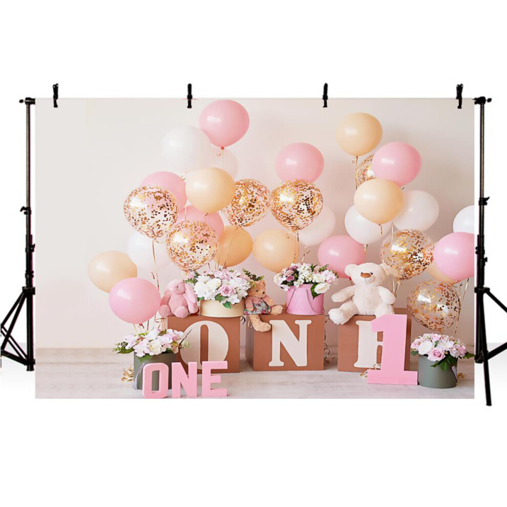 5X3ft 7X5ft 9X6ft 1St Birthday Balloon Bear Photography Backdrop Background Studio Prop Pink 300028193334