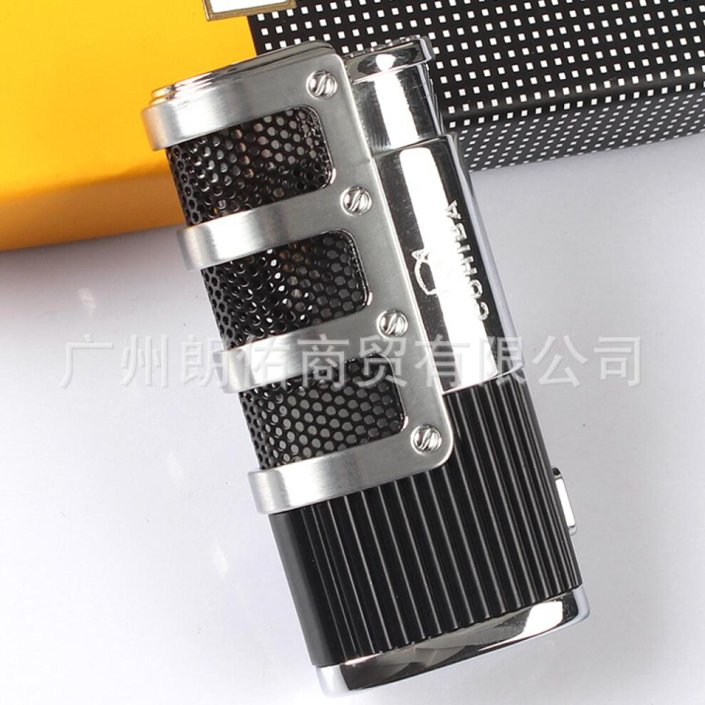 Yeuligo (Black) Portable Metal Three Direct Charging Flame Windproof Cuban Cigar Lighter With Tapper