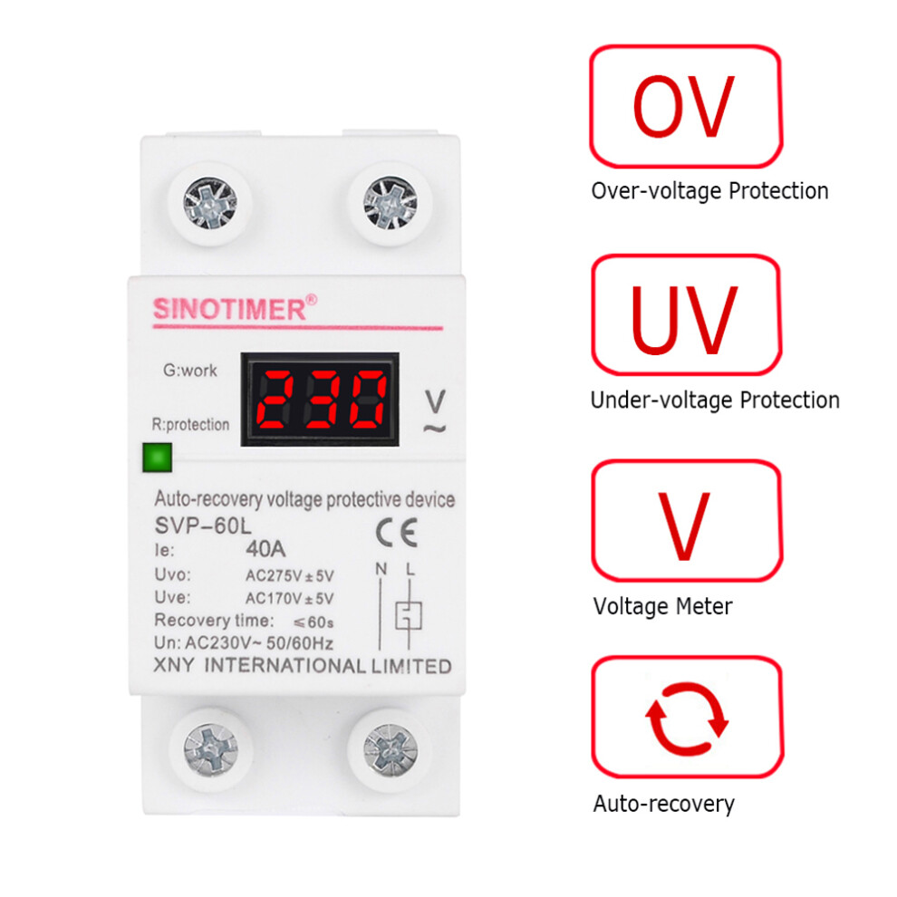 Sinotimer Svp 60L 230V Ac 40A Digital Din Rail Automatic Recovery Over Under Voltage Protector With Voltmeter Display 6906141139088