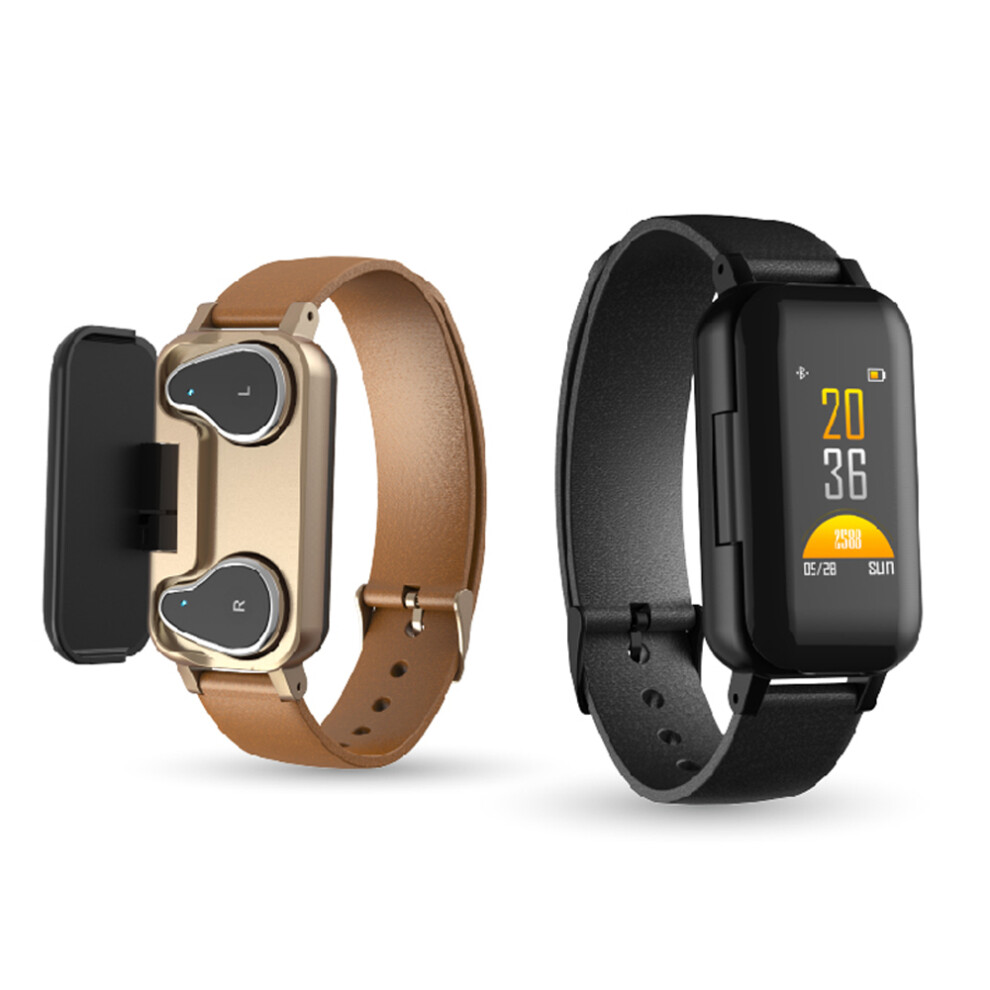 Bakeey T89 Bt 5.0 Smart Wireless Dual Headphone Wristband Heart Rate Monitor Multi Sport Mode Smart Watch Black/Gold/Blue 3345535832069
