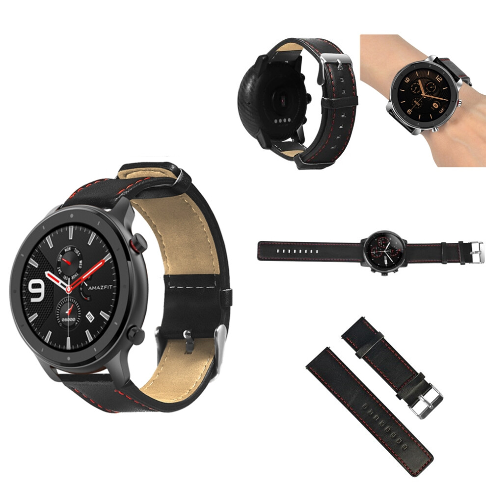 Thread Single Leather Watch Band Watch Strap For 47Mm Amazfit Gtr Smart Watch Red 6900056204268