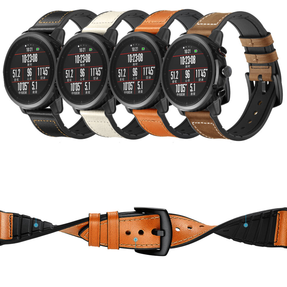 22Mm Silica Gel Inside External Leather Watch Band Watch Strap For Xiaomi Amazfit 2 Non Original Black/Brown 3345535870719