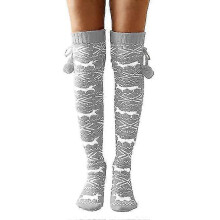(gray) Christmas Socks Elk With Ball Knitted Long Tube Over The Knee Pile Socks