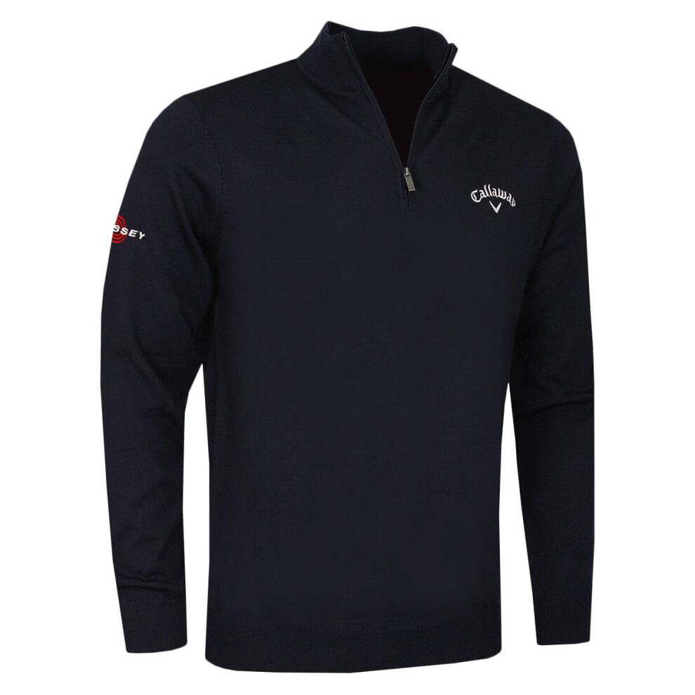 (S, Navy Blue) Callaway Golf Mens 2024 1/4 Zip Blended Merino Mix Odyssey Thermal Sweater