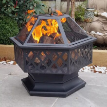 Hexagonal Lattice Steel Fire Pit with Lid, Poker & Log Grate
