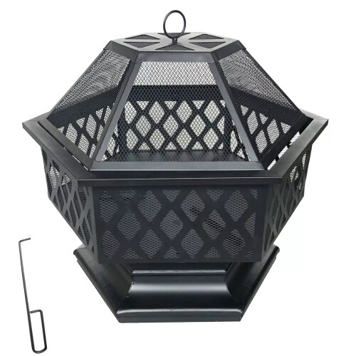 Hexagonal Lattice Steel Fire Pit with Lid, Poker & Log Grate 2