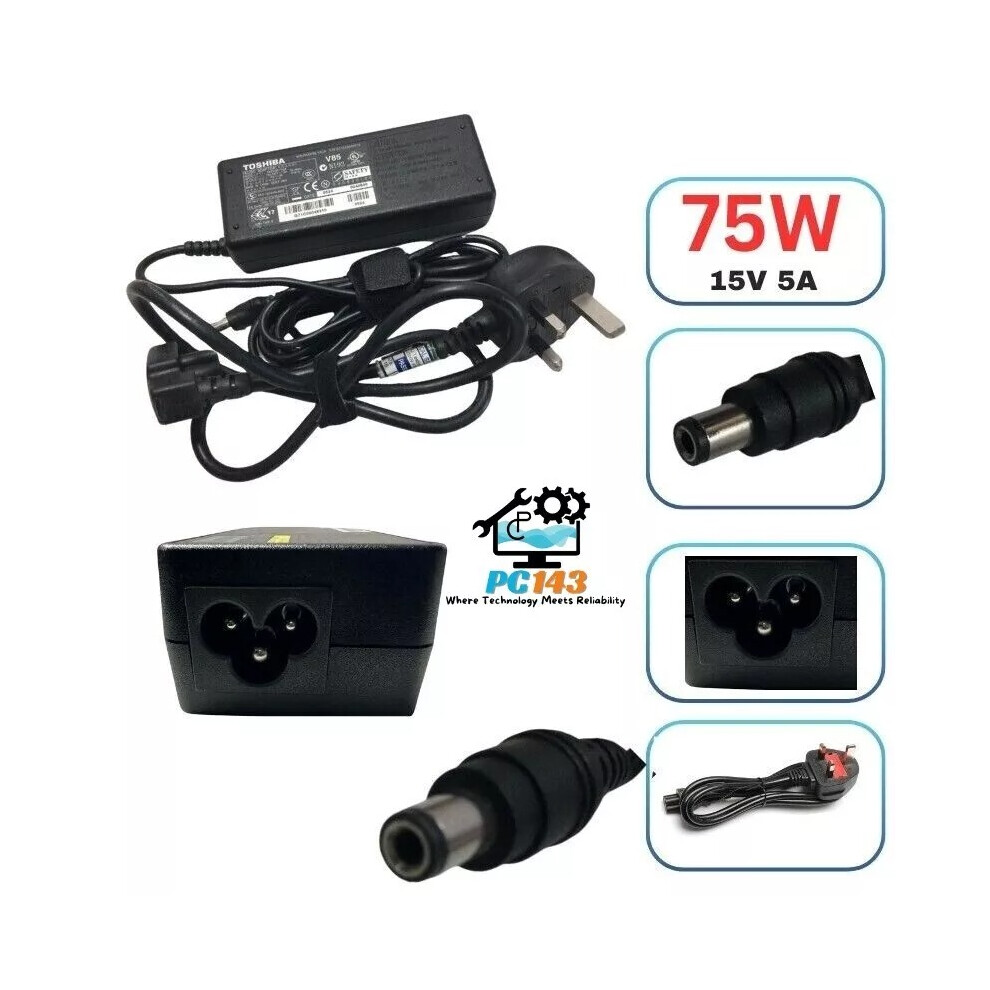 Genuine Toshiba Laptop Charger 15V - 5A 75W with Power Lead