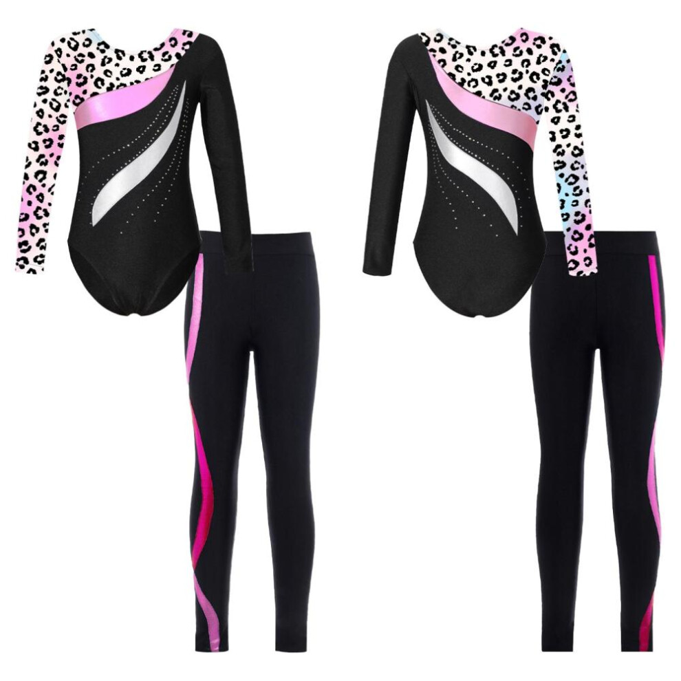 (leopard,hot pink, 9-10 Years) Kids Girls 2pcs Gymnastics Dance Outfits Long Sleeve Leotards With Pants Athletic Biketards Unitards