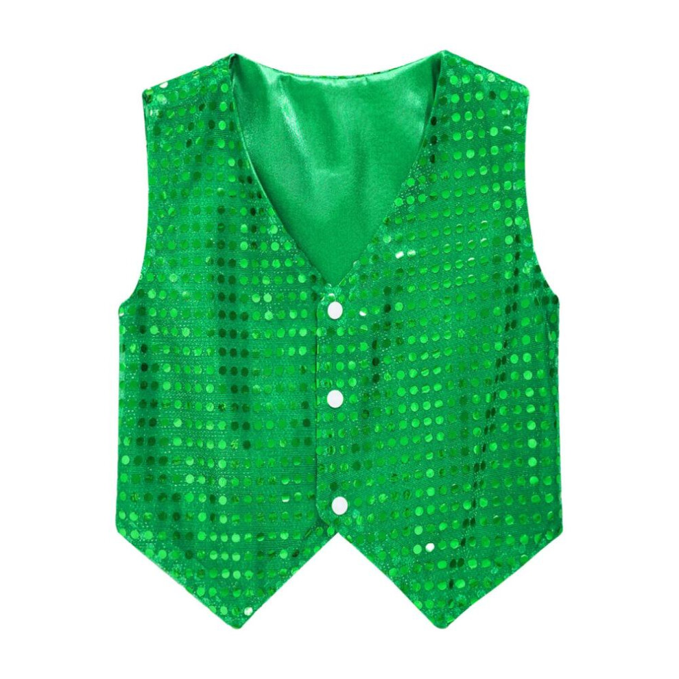(green, 10-12 Years) Kids Boys Shiny Party Costume Top Vest Sequins Waistcoat For Hip-hop Jazz Dance Stage Performance