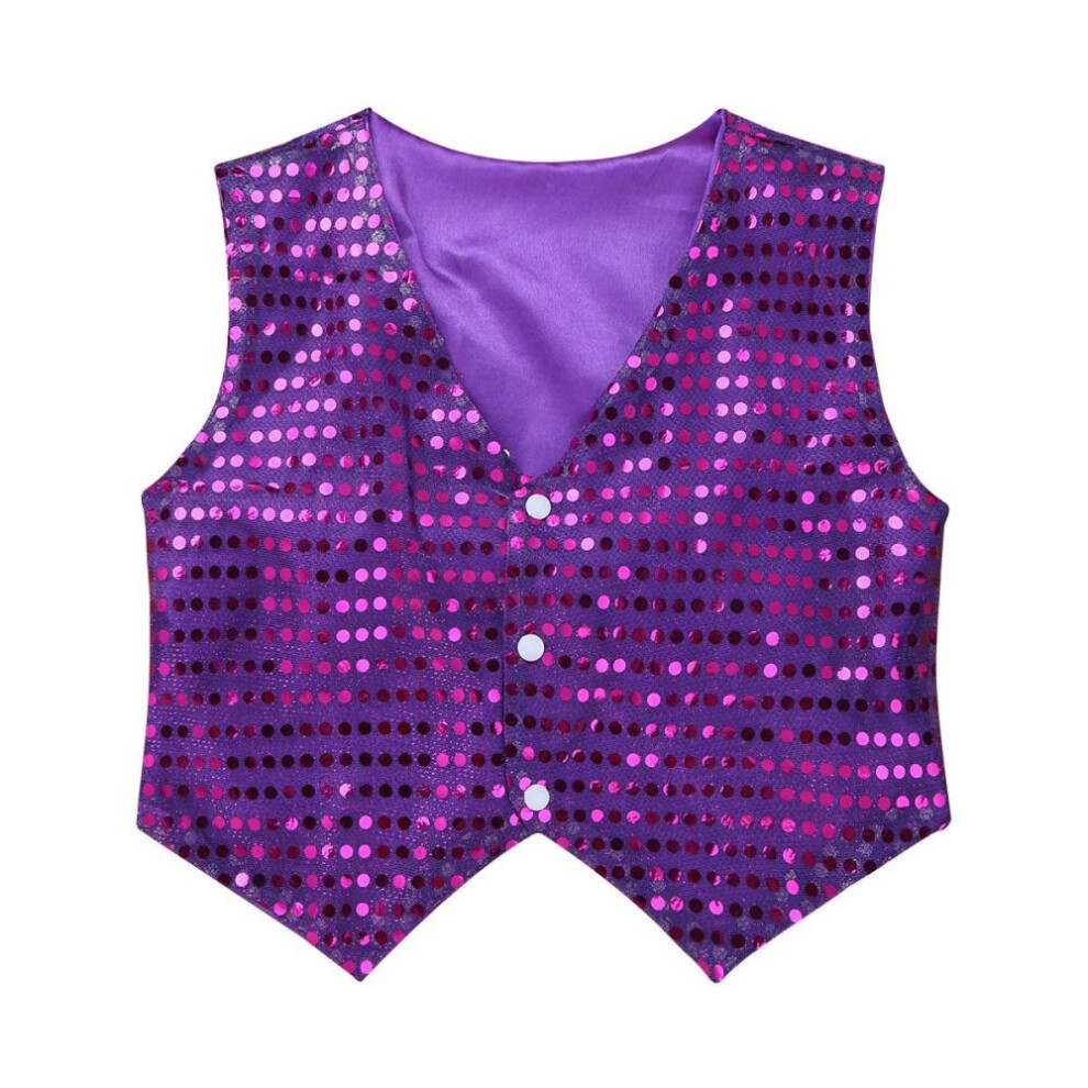 (purple, 8-9 Years) Kids Boys Shiny Party Costume Top Vest Sequins Waistcoat For Hip-hop Jazz Dance Stage Performance