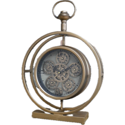 Antique Gold Portable Desk Mantle Clock with Moving Cogs