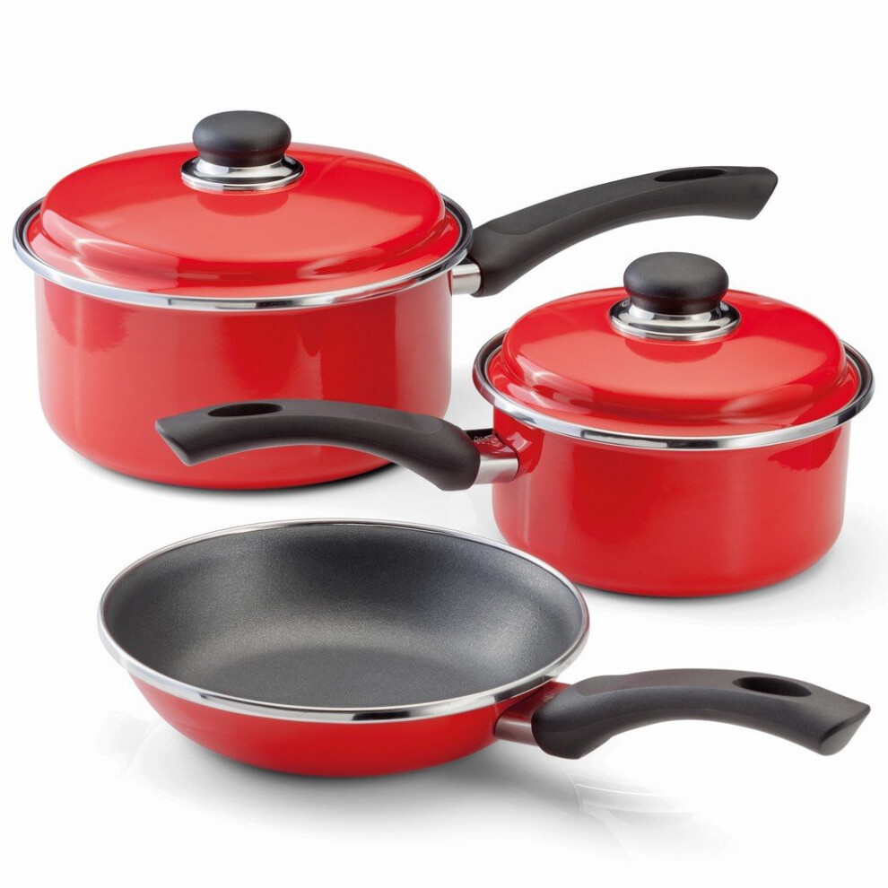 Judge Induction 3 Piece Non Stick Set Pots 3L 1.6L Lids & 20cm Pan RED