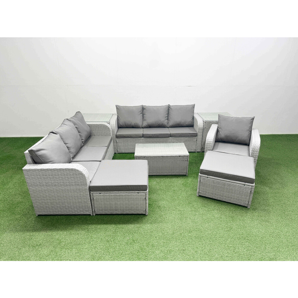 Fimous 9 Seater Poly Rattan Outdoor Garden Furniture Sofa Set Patio 3 Seater Sofa Reclining Chair 3 Seater Sofa 2 Big Footstools 2 Side Table